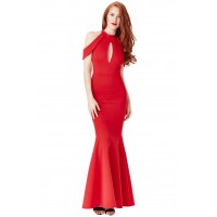Goddiva Cut-Out Shoulder Fishtail Maxi Dress Red